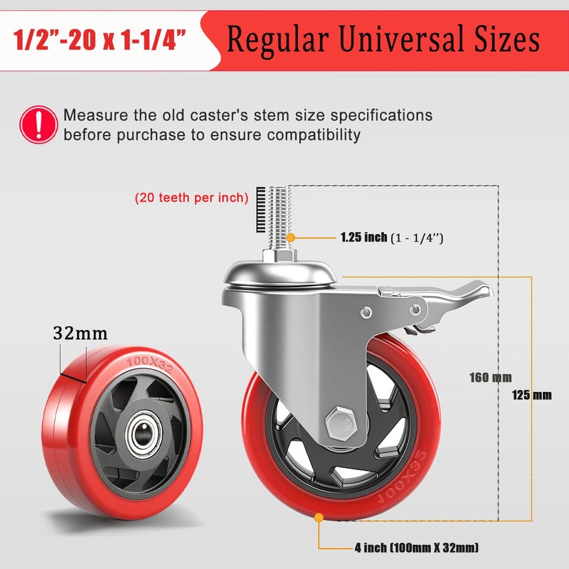 Julang 4 inch Caster Wheels 1/2 Threaded Stem Casters Set of 4 Heavy Duty 2400lbs, 1/2"-20 x1.25(Stem Diameter 1/2", 20 Threaeds Per Inch, Length 1.25"), Industrial Castor Wheels for Cart,Furniture - Image 3